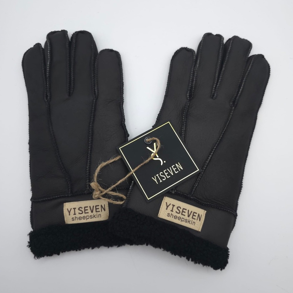 YISEVEN New Women Black Sheepskin Leather Gloves‎ 100% Wool Lined Winter Warm M